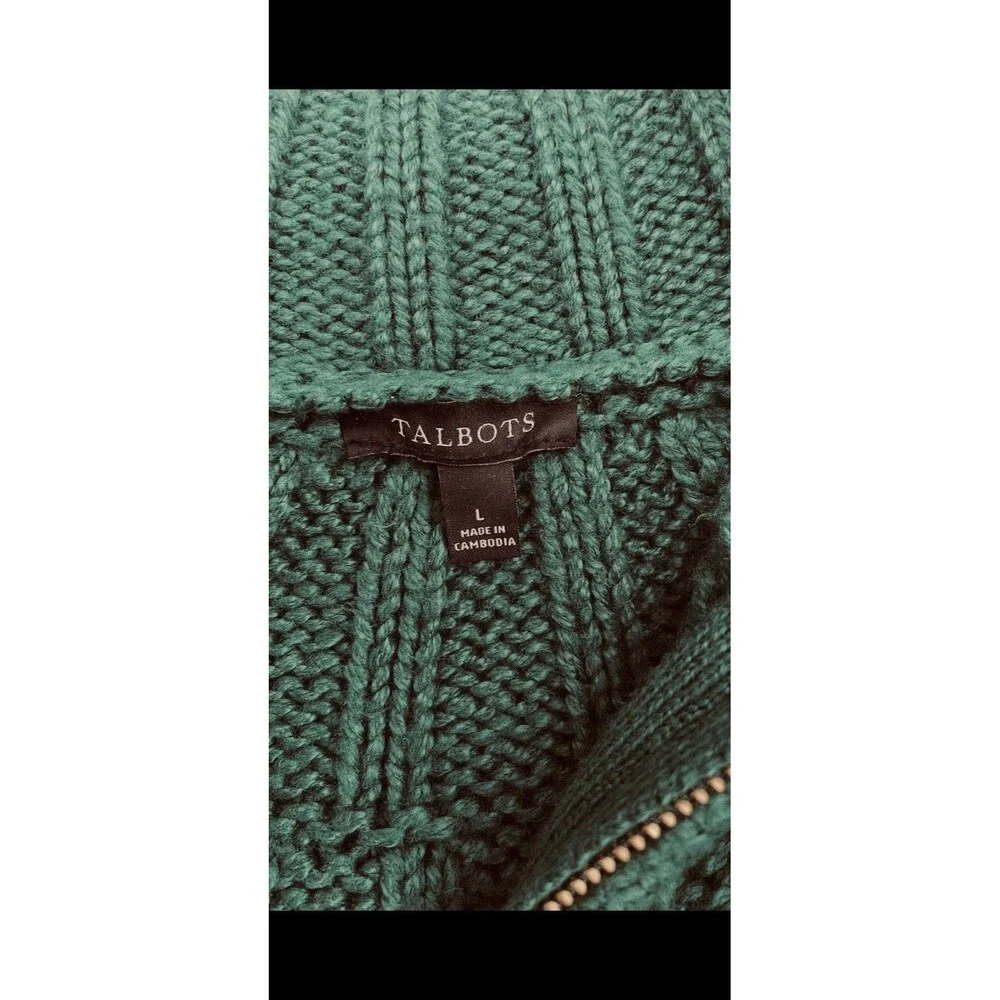 Talbots Women’s L Green Open Knit Full Zip Cardigan Sweater Textured Mock Neck